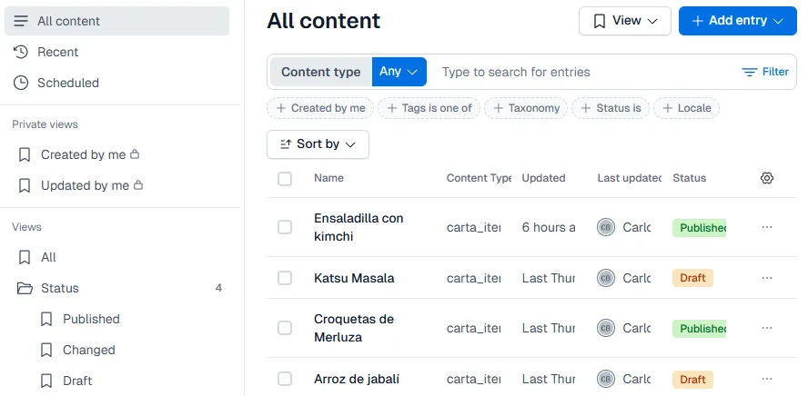 Screenshot of the Contentful setup for the Casco Viejo website
